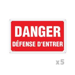 Lot de 5 Panneaux DANGER D&Eacute;FENSE D'ENTRER Alu 30X20cm