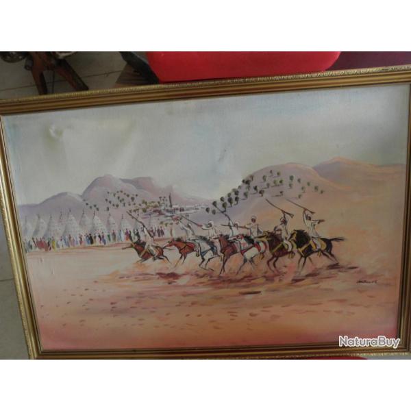 grand vieux peinture de guerriers arabes � cheval signee lauroune