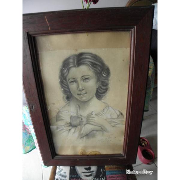 antique peinture 1884 fille avec chaton cadre en chene