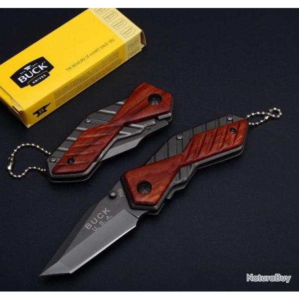 Couteau Compact Lame Tanto Acier 6,5 Cm Manche Bois Grav� 9 Cm