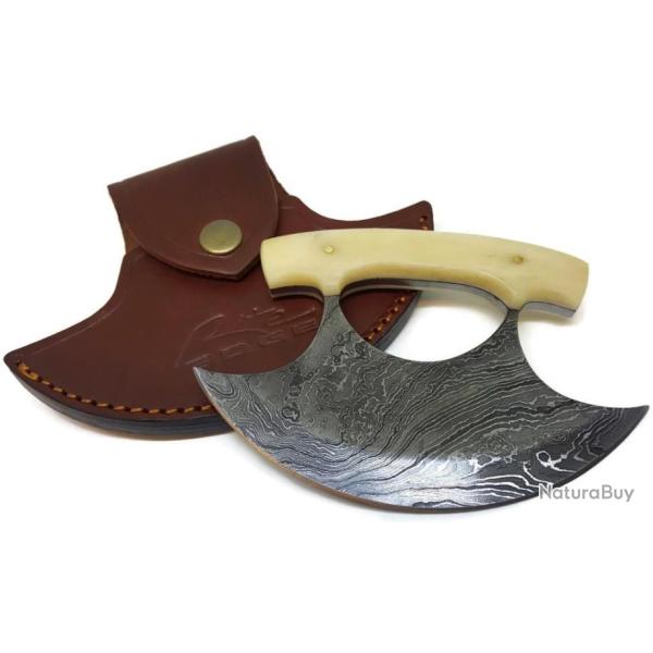 Couteau D'esquimau Ulu Inuit Lame Damas 256 Couches Manche Os Etui Cuir DM1111BO