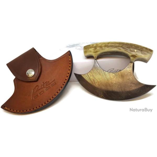 Couteau D'esquimau Ulu Inuit Lame Damas 256 Couches Manche Bois de Cerf Etui Cuir DM1111SG