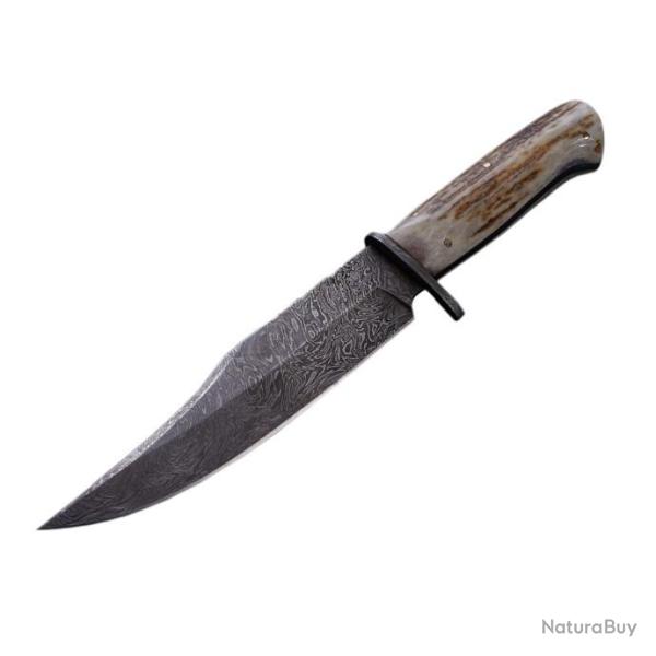 Couteau Damas BucknBear King's Stag Bowie 256 Couches Manche Bois de Cerf Etui Cuir BNB123213