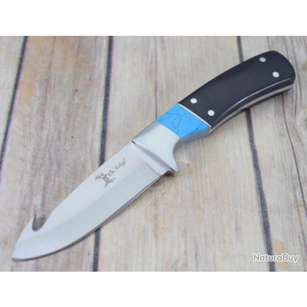 Couteau de Chasse Pche Elk Ridge Lame Guthook Acier Inox Manche Bois/Pierre Etui Nylon ER20008BL -