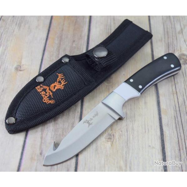 Couteau de Chasse P�che Elk Ridge Lame Guthook Acier Inox Manche Bois/Pierre Etui Nylon ER20008WH