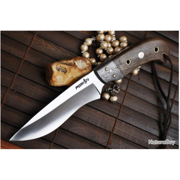 COUTEAU DE CHASSE FAIT � LA MAIN  ACIER 440 C     BURL WOOD & DAMASCUS BOLSTER