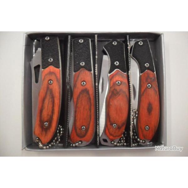 4 Couteau Pliant de Poche Lame Acier 6,8 cm Manche Bois 8,5 cm Style Canif