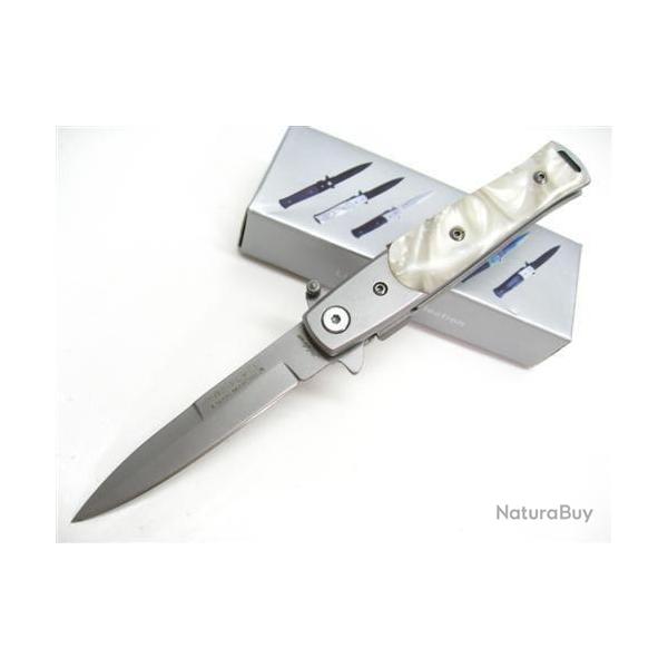 Couteau Stiletto Tac Force Lil' Milano A/O Lame Acier Inox Manche Abs Imitation Perle TF438P