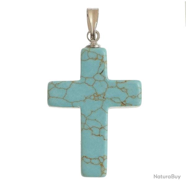 Pendentif croix crucifix en howlite teint�e bleu