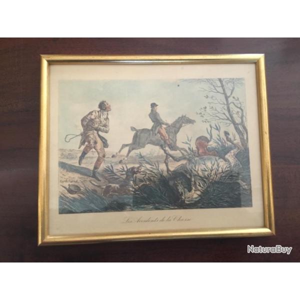 Gravure ancienne scne de chasse