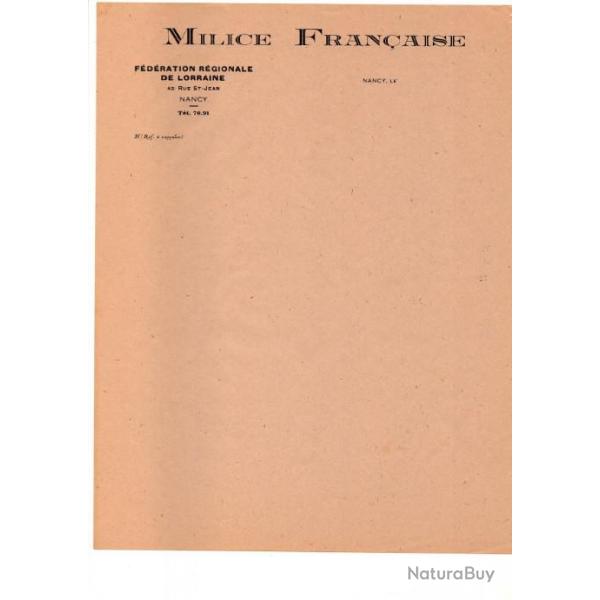 PAPIER A LETTRE A ENT�TE "MILICE FRANCAISE" FEDERATION NATIONALE DE LORRAINE-NANCY-OCCUPATION 1940