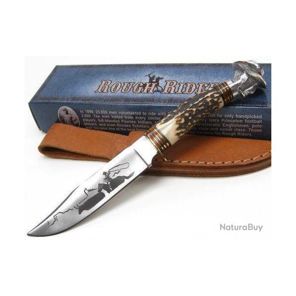 Couteau Rough Rider Bone Cowboy Lame Acier 440 Manche Os Etui Cuir RR1630