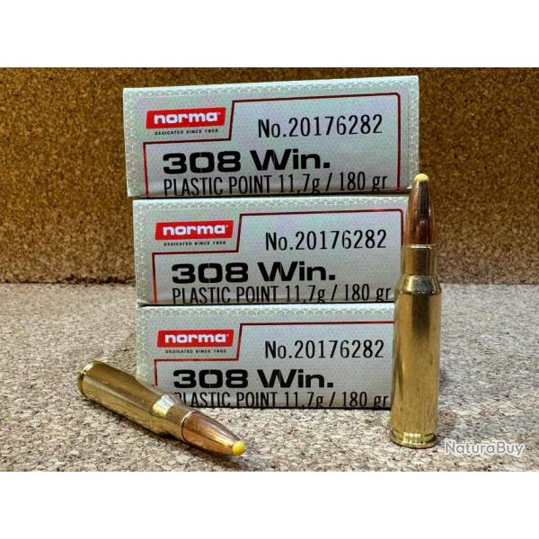 LOT DE 3 BOITES DE MUNITIONS NORMA 308 WINCHESTER PLASTIC POINT, PPDC, DUAL CORE 180 gr
