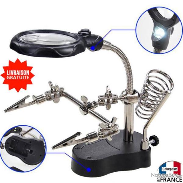 Loupe avec pince bras articul sur support pour fer  souder avec lampe leds de precision 3eme main
