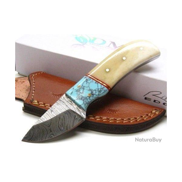 Couteau Damas Lame 256 Couches Manche Os & Turquoise Etui Cuir DM1146TR
