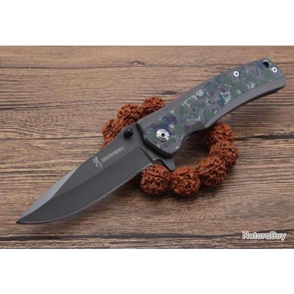 Couteau Camouflage Pliant Massif Lame 9,5 Cm Manche Acier 12 Cm