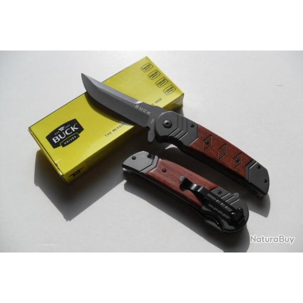 Couteau Pliant Massif Lame Acier 9,5 Cm Manche Bois Grav� 12,5 Cm