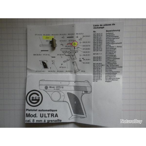 VENDU PAR CUIRASSIER11 N� 1 PIECE DE PISTOLET ALARME GECO ULTRA CAL 8MM (SERRURE VERROUILLAGE )