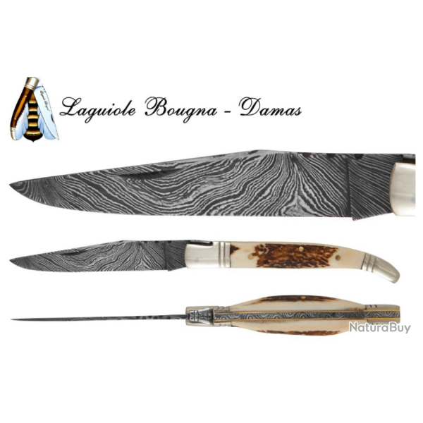 LAME DAMAS - COUTEAU PLIANT- MANCHE BOIS DE CERF- ETUI OFFERT