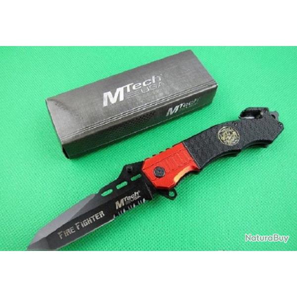 Couteau De Sauvetage "Mtech" Fire Fighter Lame Tanto Acier 9cm Manche Alu