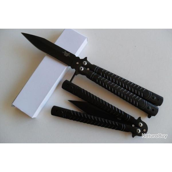 Couteau Papillon Balisong Stries 22 Cm Lame Acier Inoxydable Manche En Acier Tactique