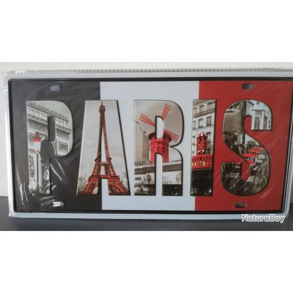 Rare plaque t�le PARIS ARC TRIOMPHE TOUR EIFFEL style EMAIL 15X31cm vintage MOULIN ROUGE trois coule