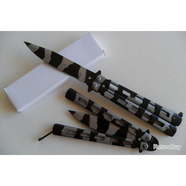 Couteau Papillon Balisong Camouflage 22,5 Cm Lame Acier Inoxydable Manche En Acier Tactique