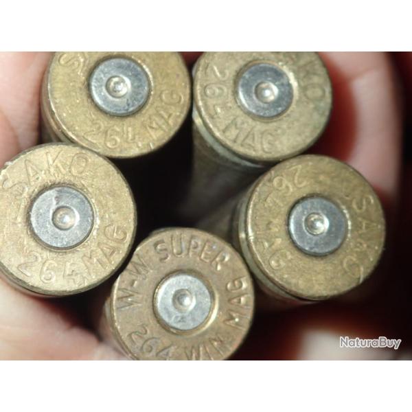 Lot de 5 douilles en 264 Win Mag - 4 sako et 1 Win