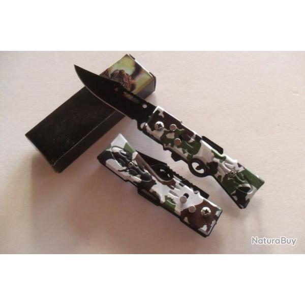 Petit Couteau Automatique Lame Acier 7 Cm Manche en Acier Grav� 9 Cm Chasse P�che Camping