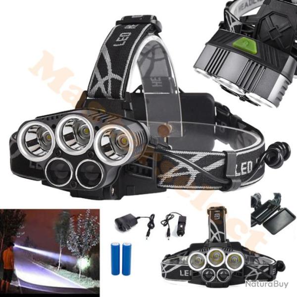 Lampe frontale SMD LED CREE 5 FAISCEAUX T6 ULTRA PUISSANTE RECHARGEABLE 12V 220V
