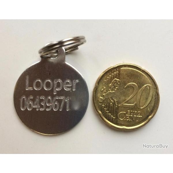 MEDAILLE Grav�e chien argent�e "ronde 25 mm" petit mod�le gravure, personnalisation offerte