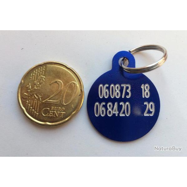 MEDAILLE Grav�e chien bleue "ronde 25 mm" petit mod�le gravure, personnalisation offerte