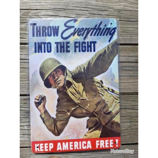 PLAQUE METAL PROPAGANDE U.S. WWII "THROW EVERYTHING INTO THE FIGHT"