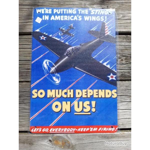 PLAQUE METAL PROPAGANDE U.S. WWII "SO MUCH DEPENDS ON US!"