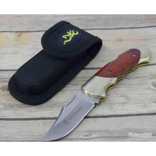 Couteau Browning Manche en bois Lame Acier Sandvik 12C27 Cran d'arrt BR111C