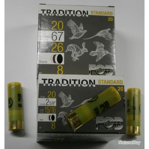 CARTOUCHE FOB TRADITION STANDARD 26GR BOURRE GRASSE PLOMBS DE CAL. 20 67 X25