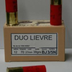 CARTOUCHE JOCKER DUO LIEVRE 38GR CAL. 12/70 BOURRE JUPE PLOMBS DE 3+5 NICKELE X10
