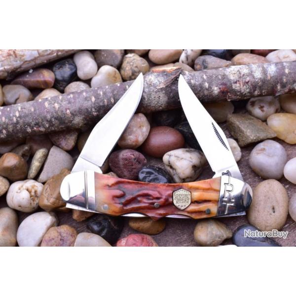 Couteau Canif Rough Rider Brown Stag Bone Manche Os 2 Lames Acier 440 RR1798