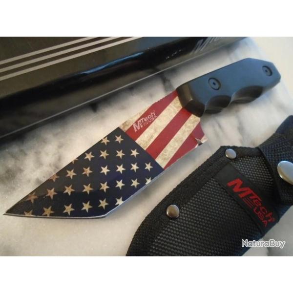 Couteau Mtech Flag Lame Tanto Acier 3Cr13 Manche Bois Etui Nylon MT2087BA
