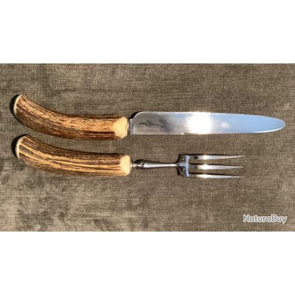 Couteau, Couverts, Service �  gibier mont� sur bois de cerf