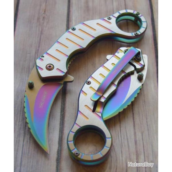 LOT DE 3 Couteau Karambit Tac Force Spectrum A/O Lame Acier Inox Manche Acier Linerlock Clip TF952RB