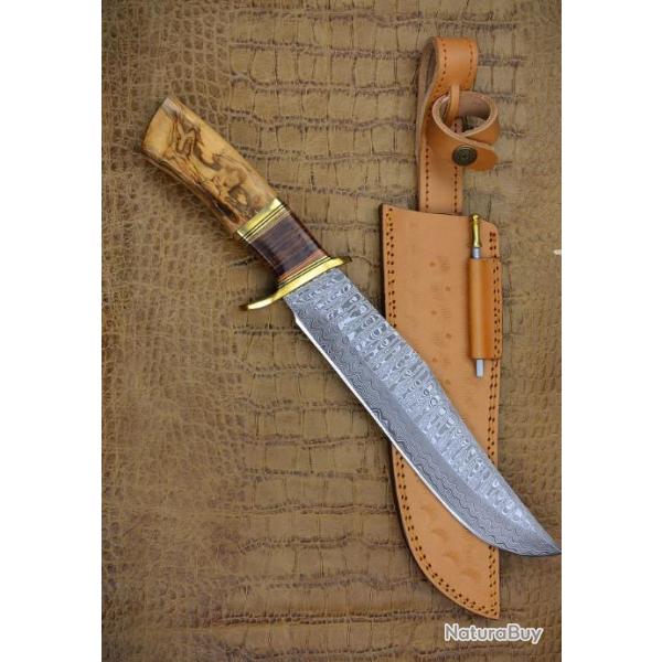 Couteau Damas Bowie Alamo Lame 256 Couches Manche Olivier Etui Cuir DM1132