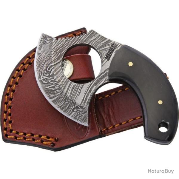 Couteau d'Esquimau Inuit Ulu Lame Damas 256 Couches Manche Corne Etui Cuir Marbles MR453