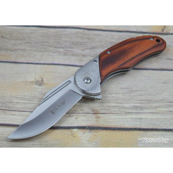 Couteau Elk Ridge A/O Lame Acier 3Cr13 Manche Brown Pakkawood Framelock Clip ERA957BR