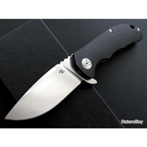 Couteau CH Knives Black Drop Point Lame Acier D2 Manche Black G-10 Linerlock Clip CH3504BK