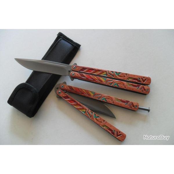 Couteau Papillon Balisong 23,5 Cm Lame Acier Inoxydable Manche Acier Color� Grav� Tactique