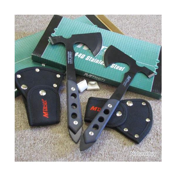 Lot de 2 Hache Tactical Axe Tomahawk Lancer Mtech Acier 440 Manche en G-10 MT602G10