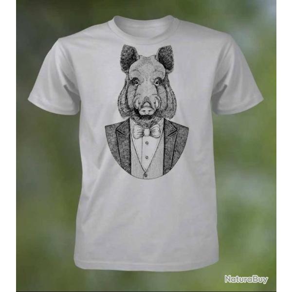 T-SHIRT GRIS MOTIF SANGLIER HUMORISTIQUE NEUF