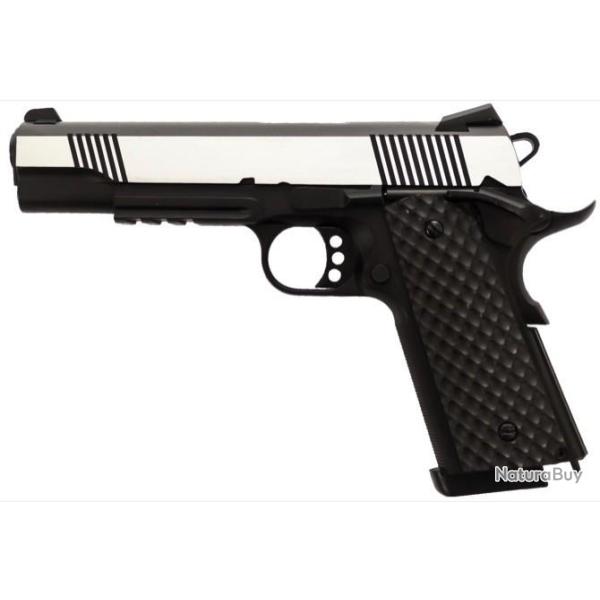 REPLIQUE GBB 1911 MEU RAIL RAVEN FULL METAL GAZ NOIR SILVER 1,0J
