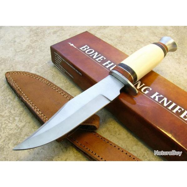 Couteau de Chasse Hunting Bowie Bone Lame Acier Inox Manche Os Etui Cuir PA3358BO